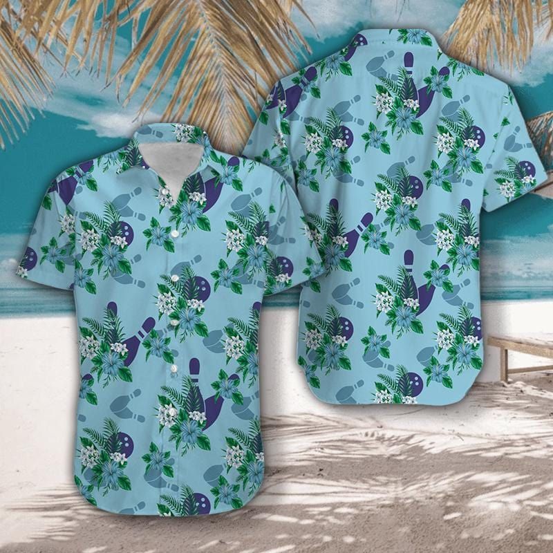 Felacia [Hawaii Shirt] Blue Bowling Ball And Pin Tropical Unisex Hawaiian Aloha Shirts-ZX2748
